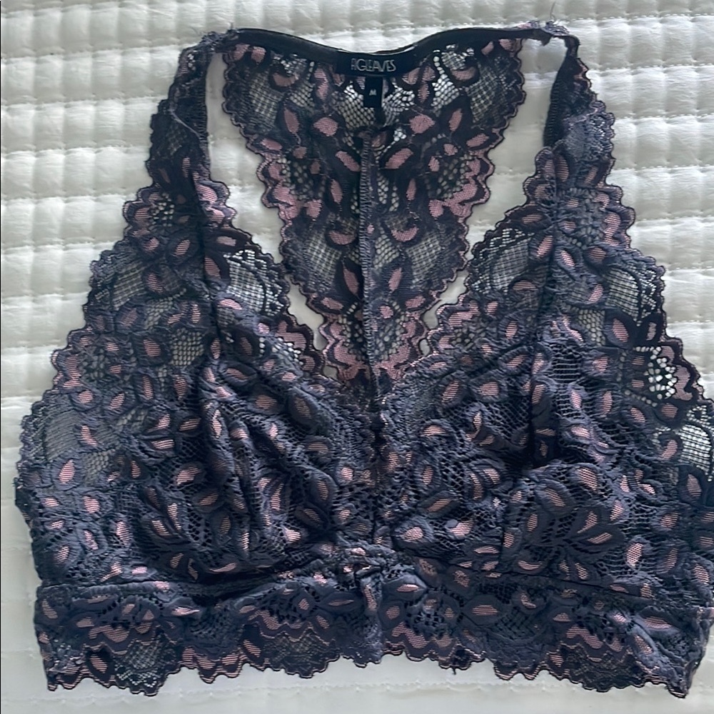 Figleaves Millie Lace Racerback Bralette in Charcoal and Pink
